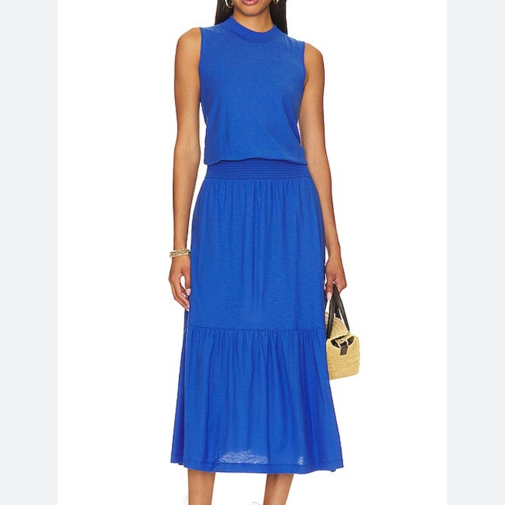 Nation LTD Barrett 90s Midi Dress In Blue Bottle Tiered Flare Skirt Sz L